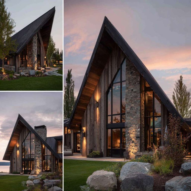 Luxurious alpine modern lakehouse facade featuring a steeply pitched roof with dark natural wood siding, large panoramic windows reflecting the tranquil lake at dusk, integrated stone elements, and soft exterior lighting creating an inviting atmosphere.