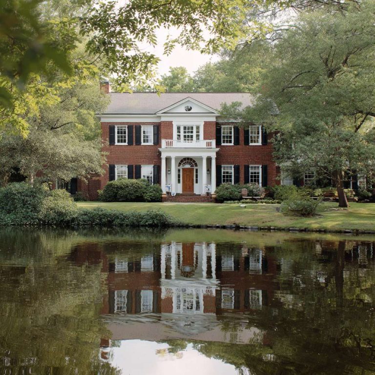Majestic Colonial Revival lakehouse with red brick exterior, grand white portico, fluted columns, and inviting front door with fanlight, surrounded by manicured lawns and mature trees, reflecting in serene lake waters.