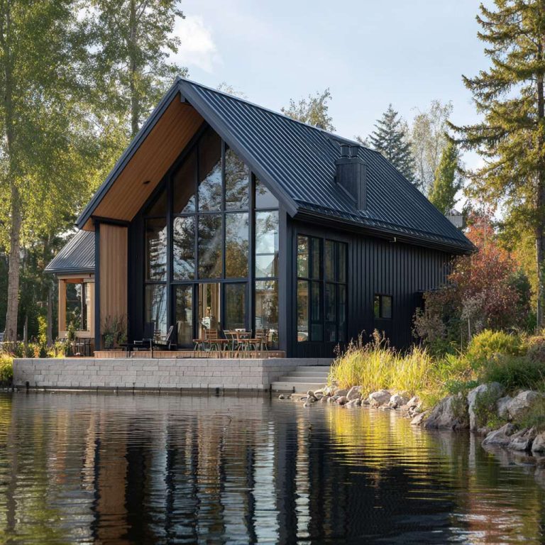 Sleek modern barn lakehouse with classic gabled roof and vertical black barn siding, featuring tall windows that showcase stunning lakeside views and a serene atmosphere by the water's edge.