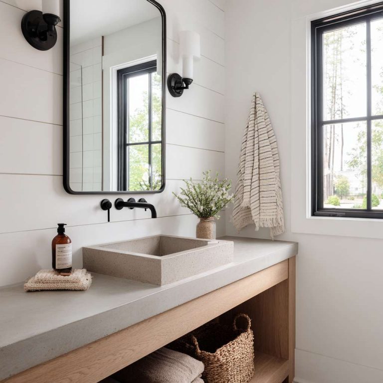 Bright and airy modern farmhouse bathroom featuring crisp white shiplap walls, a natural wood vanity with a concrete top, matte black faucets, and a simple black-framed mirror reflecting natural light, creating an inviting and sophisticated retreat for relaxation.