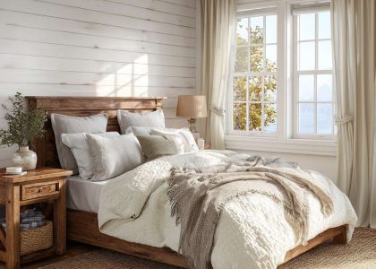 Cozy farmhouse bedroom with white shiplap walls, substantial wooden bed frame draped in a plush white quilt, rustic nightstands providing warm light, and sunlight filtering through linen curtains, creating an inviting atmosphere.