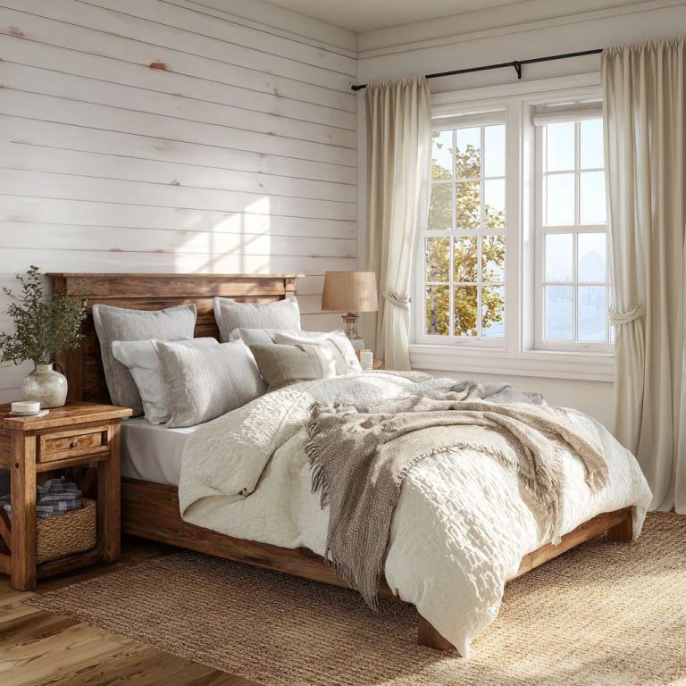 Cozy farmhouse bedroom with white shiplap walls, substantial wooden bed frame draped in a plush white quilt, rustic nightstands providing warm light, and sunlight filtering through linen curtains, creating an inviting atmosphere.