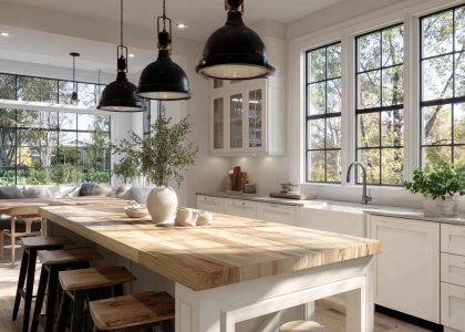 "Spacious farmhouse kitchen with sunlight streaming through large windows, featuring white shaker cabinets, a large butcher block island, matte black pendant lights, and greenery in ceramic vases, creating an inviting atmosphere perfect for family gatherings."