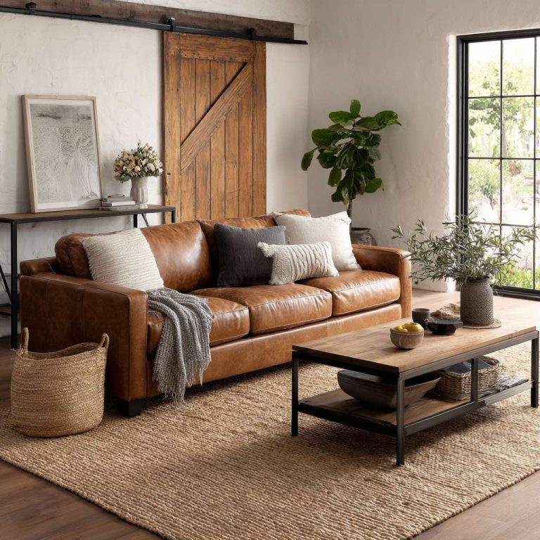 Bright modern farmhouse living room featuring a distressed leather sofa on a textured jute rug, a sleek console table with matte black metal accents, and a large rustic barn door, all bathed in natural light for a warm and inviting atmosphere.